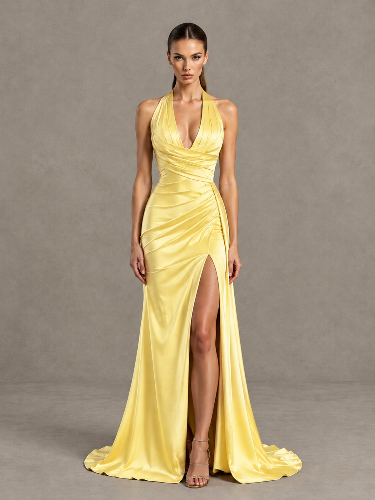 BOLODOO Yellow Halter Satin Evening & Prom Dress with High Slit - Yellow - Yellow_3