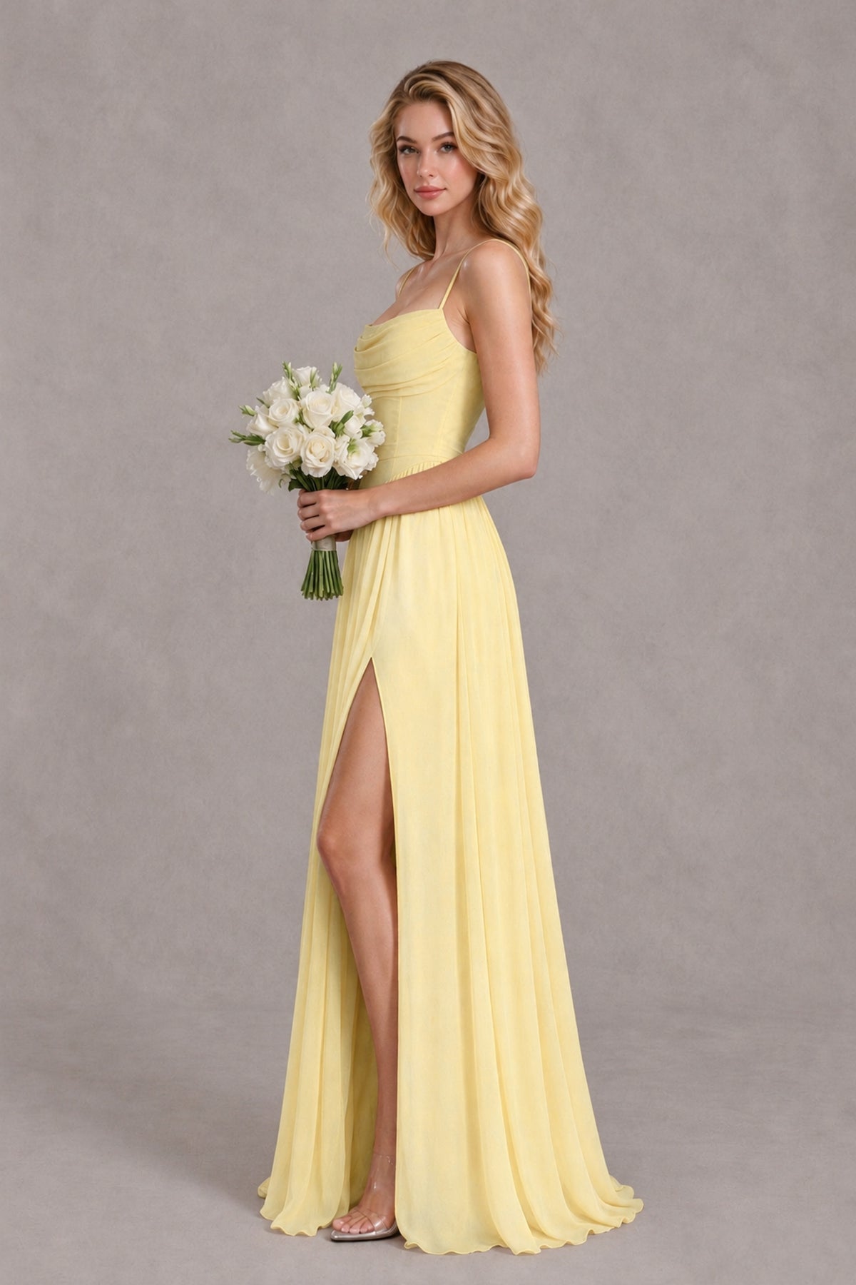 BOLODOO Yellow Spaghetti Strap A-Line Bridesmaid Dress with Slit - Yellow - Yellow_3