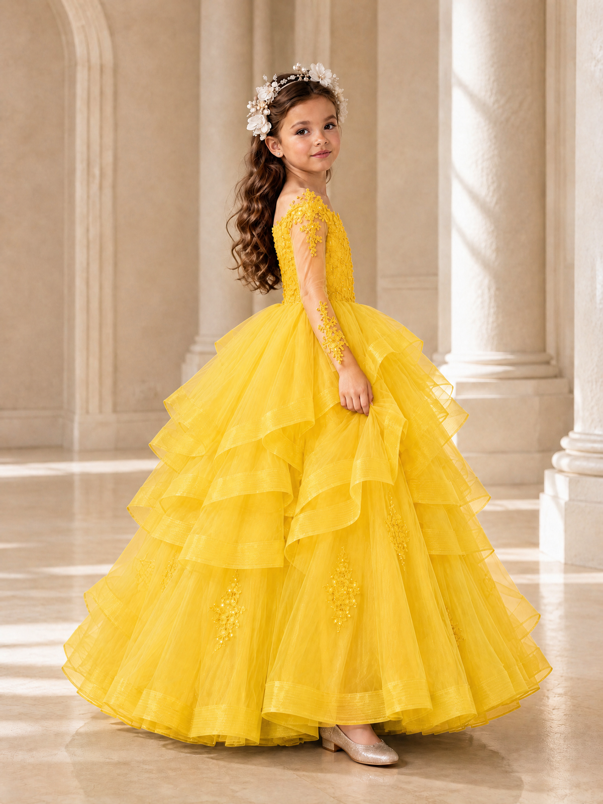 BOLODOO Yellow Lace Long Sleeve Tiered Flower Girl Dress - Yellow - Yellow_3
