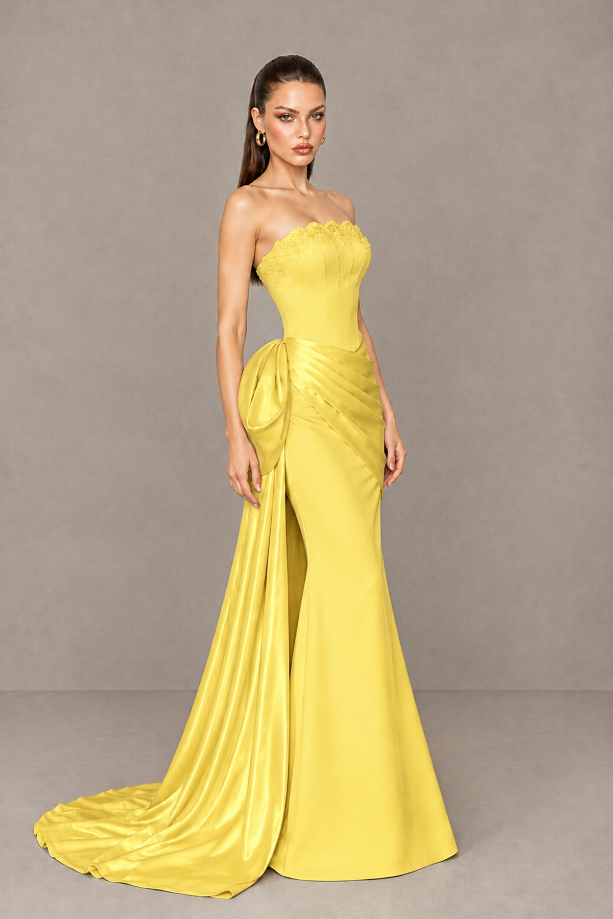 BOLODOO Yellow Strapless Satin Prom Dress with Draped Side Train - Yellow - Yellow_3