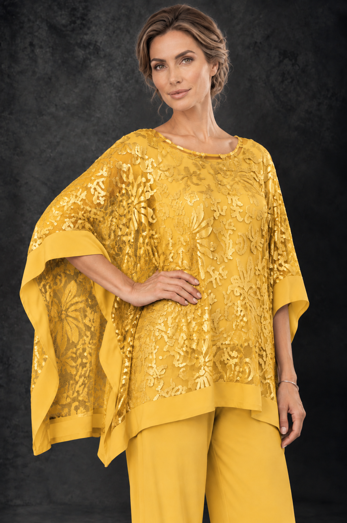 BOLODOO Yellow Floral Cape Mother of the Bride Pant Suit - Yellow - Yellow_3