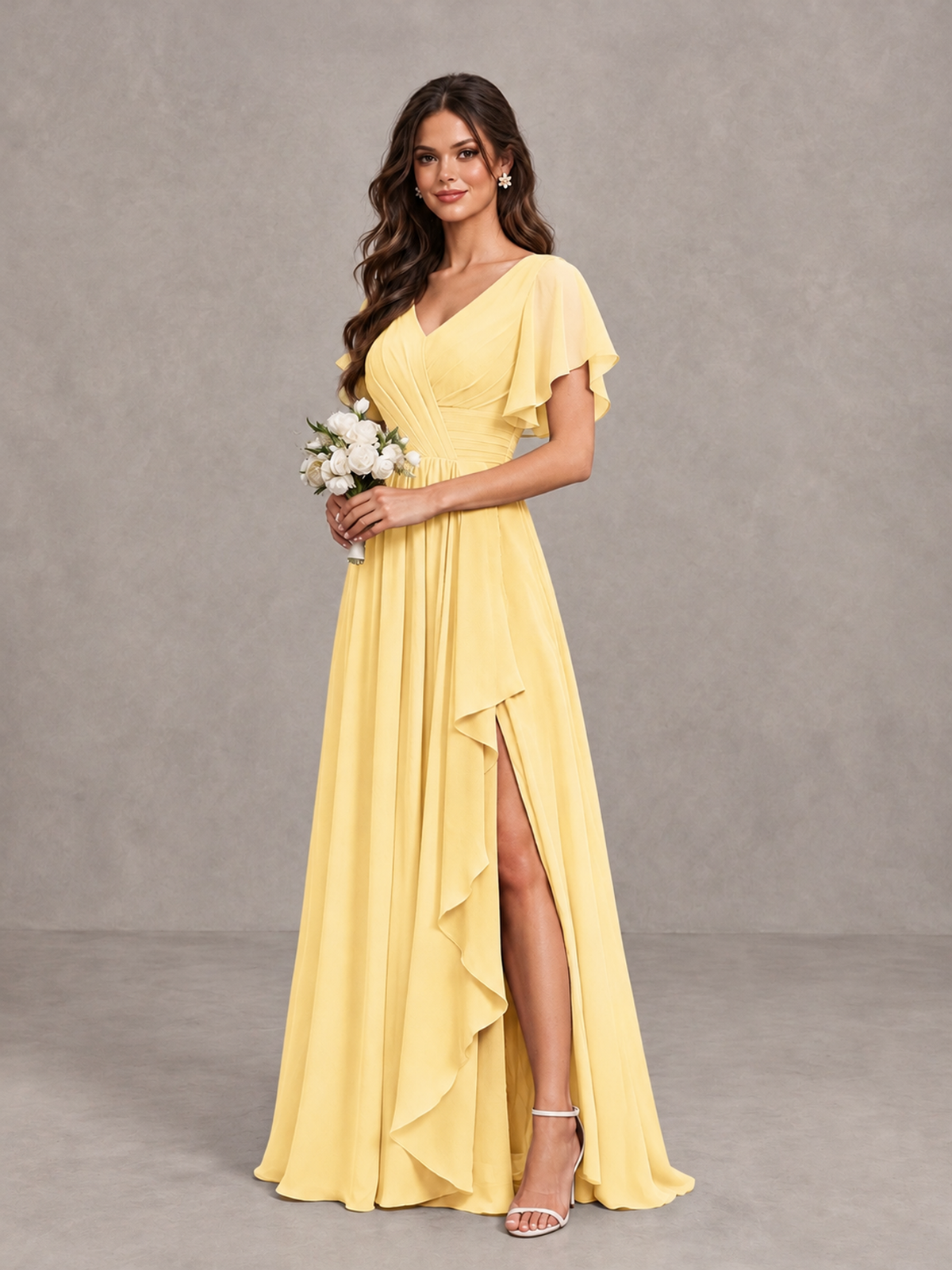 BOLODOO Yellow Flutter Sleeve V-Neck Bridesmaid Dress with Ruffle Slit - Yellow - Yellow_3