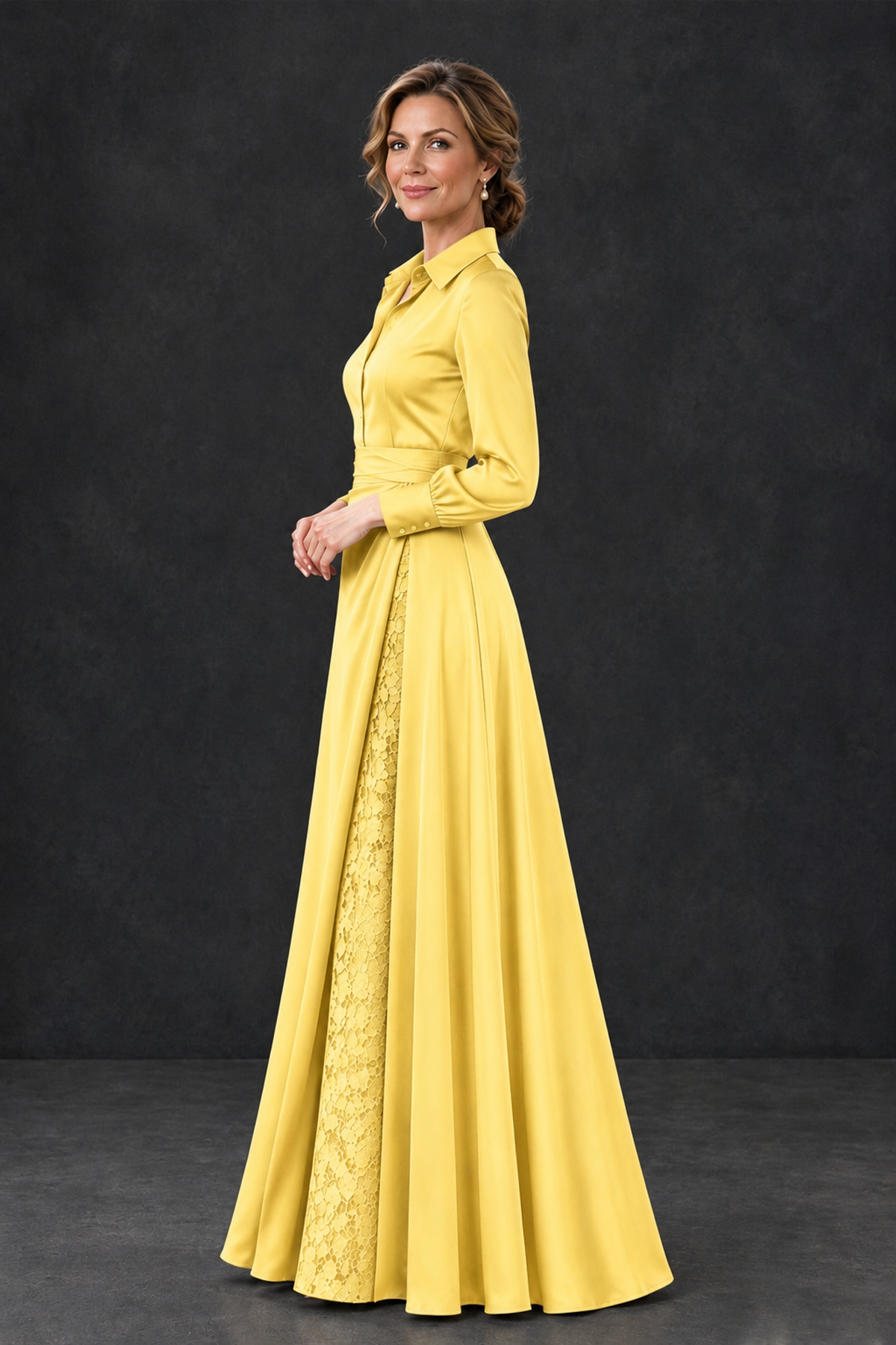 BOLODOO Yellow Long Sleeve Satin-Look Lace Panel Gown - Yellow - Yellow_3