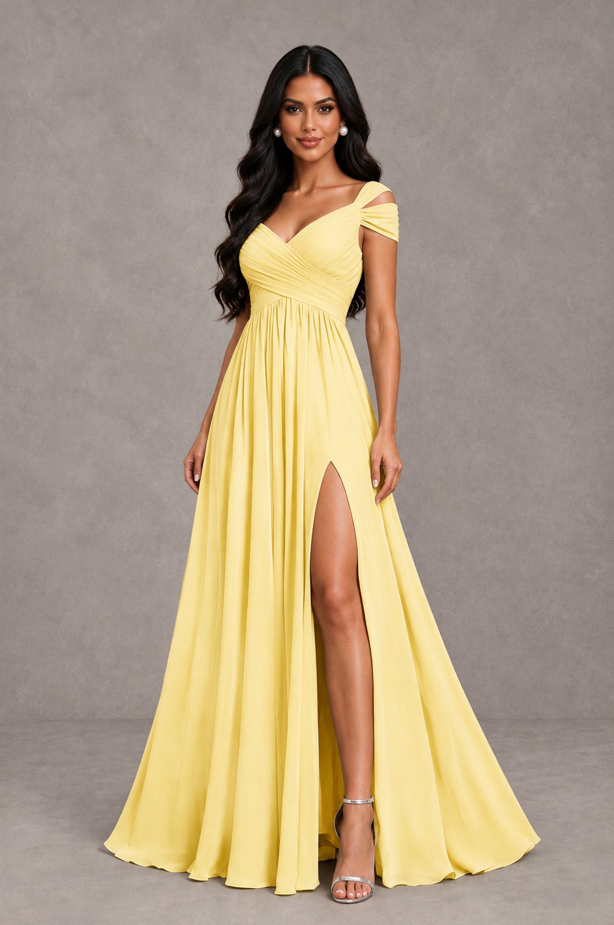 BOLODOO Yellow Cold Shoulder Chiffon Evening Dress with V Neck and High Slit - Yellow - Yellow_3