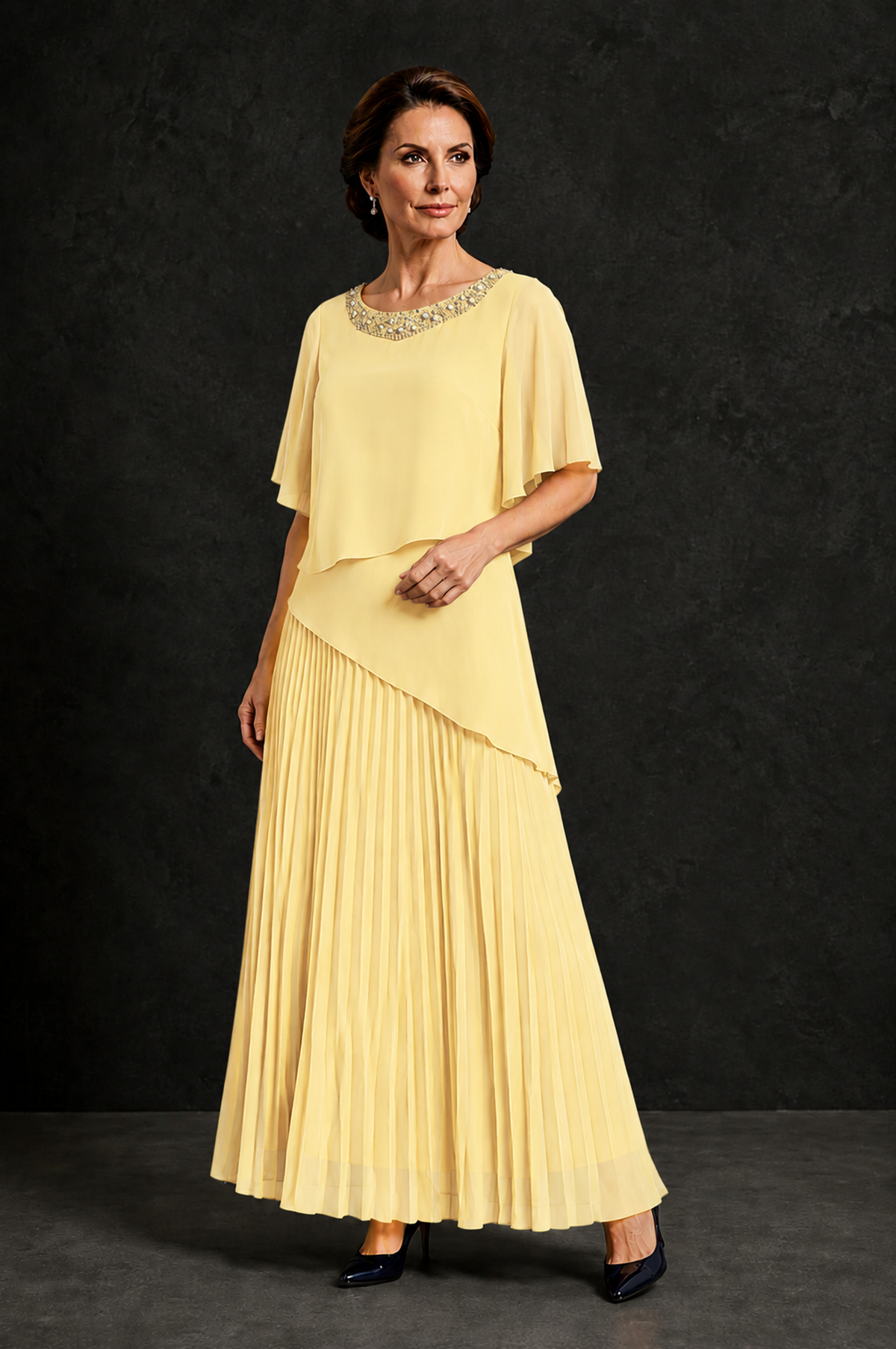 BOLODOO Yellow Pearl Beaded Neck Asymmetric Tiered Flutter Sleeve Pleated Chiffon Maxi Dress - Yellow - Yellow_3