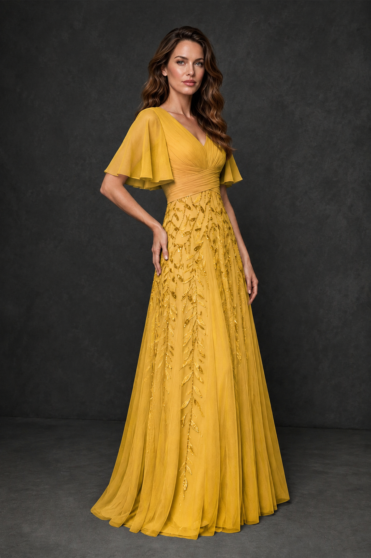 BOLODOO Yellow V-Neck Flutter Sleeve Beaded Botanical Tulle A-Line Gown | Mother of the Bride Evening Dress - Yellow - Yellow_3