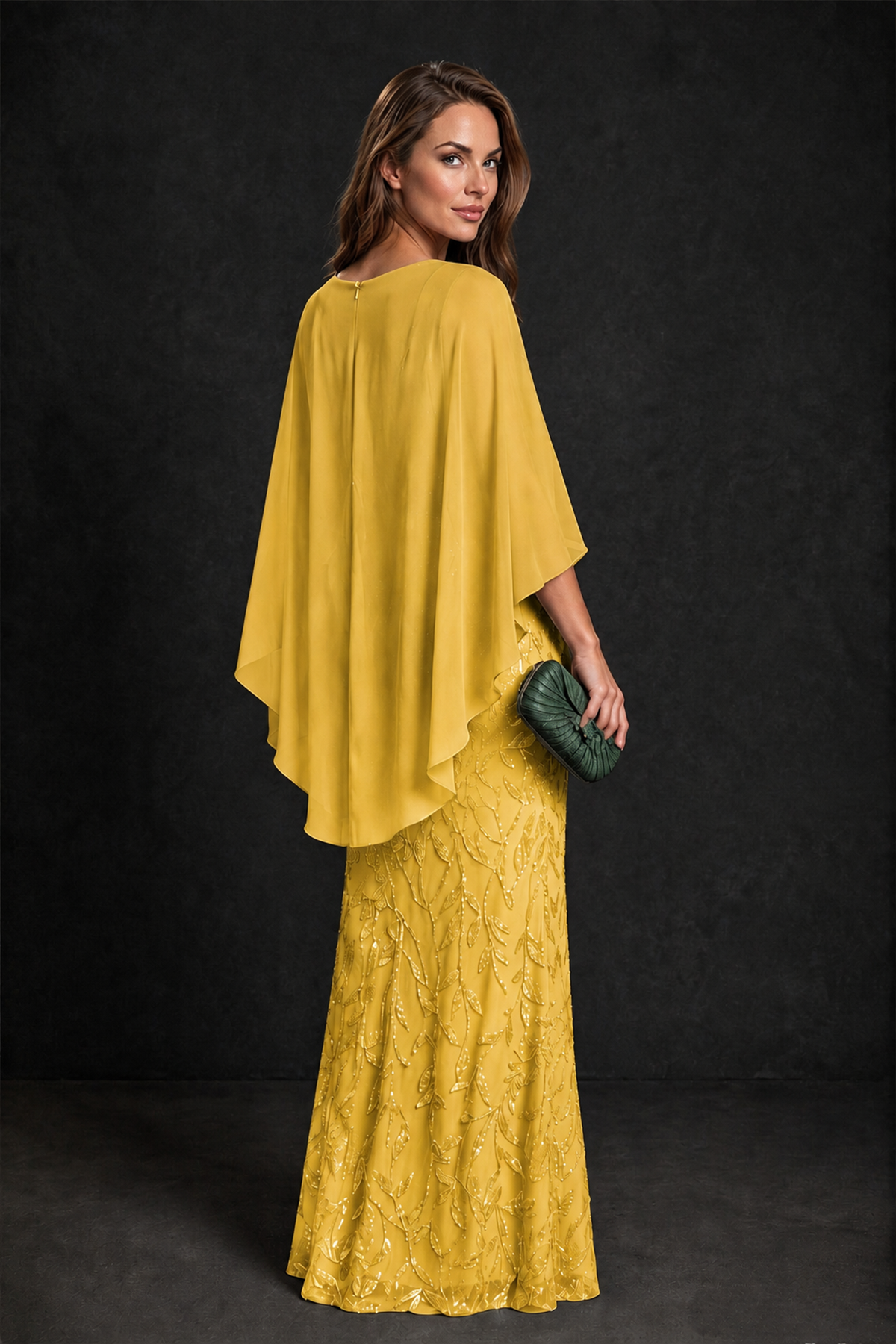 BOLODOO Yellow Round Neck Chiffon Cape Overlay Sequin Lace Mermaid Maxi Dress - Yellow - Yellow_3