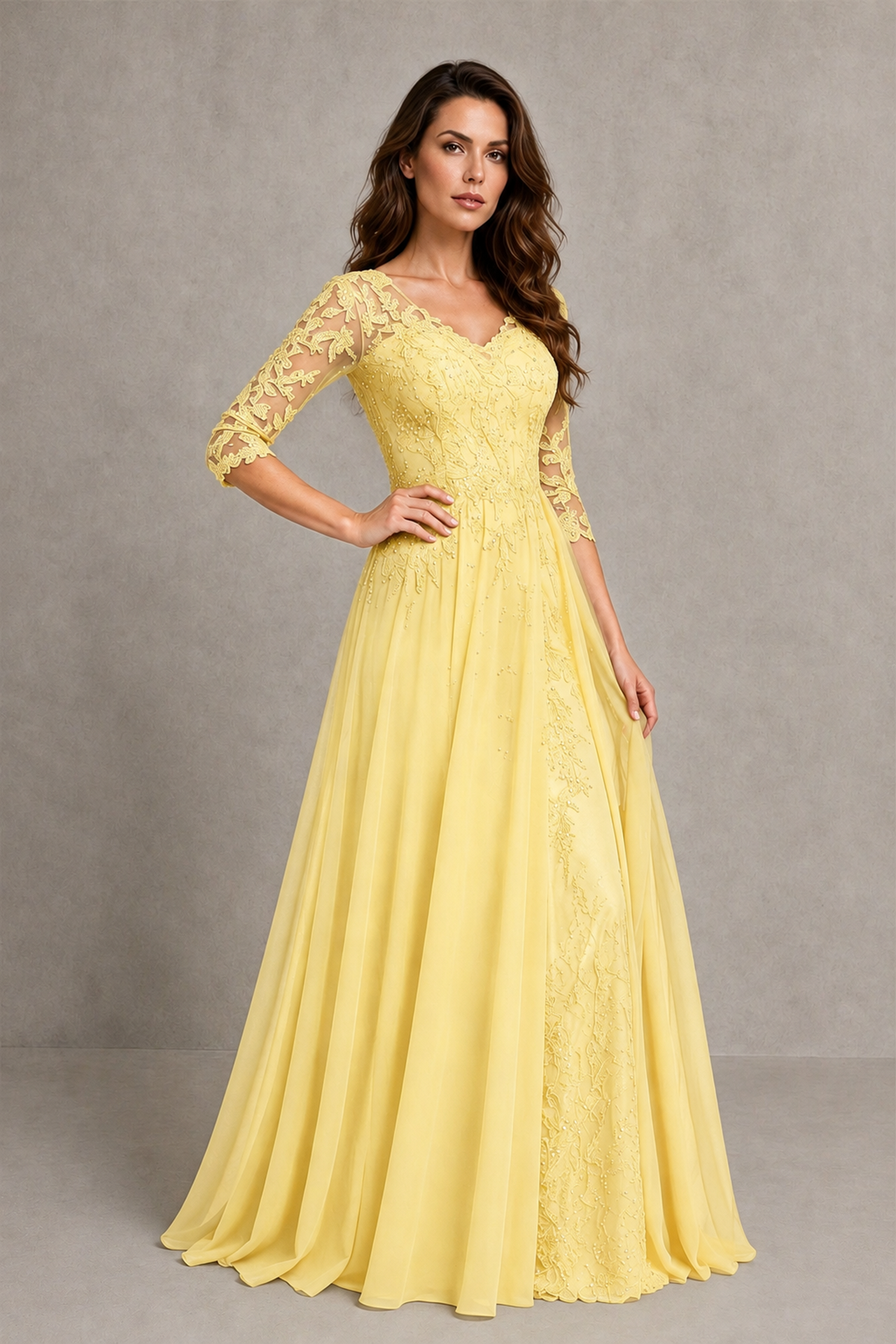 BOLODOO Midnight Yellow Beaded Lace Appliqué Chiffon A-Line Gown | Mother of the Bride & Formal Evening Dress - Yellow - Yellow_3