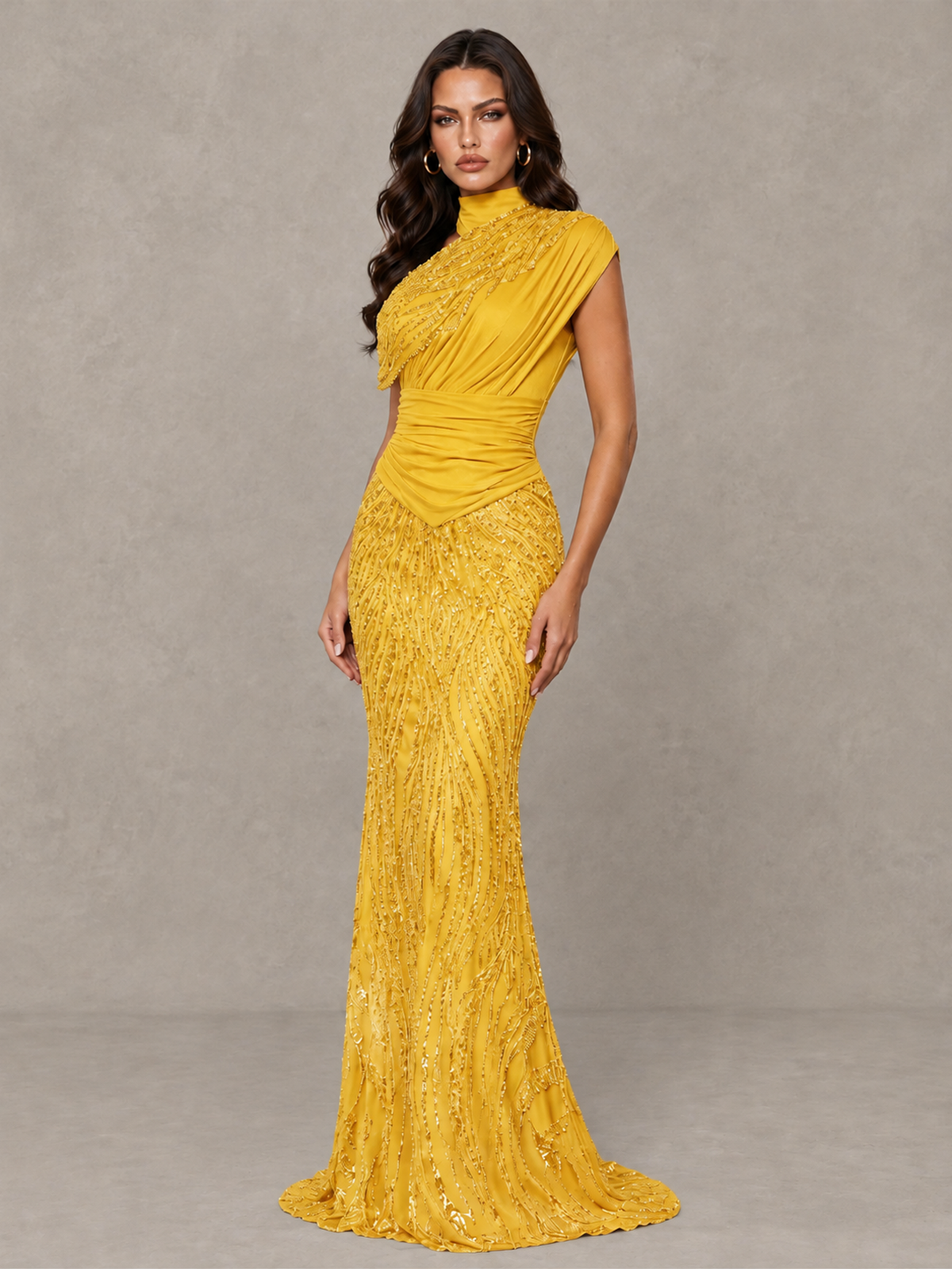 BOLODOO Yellow High Neck Draped Sequin Mermaid Evening Gown - Yellow - Yellow_3