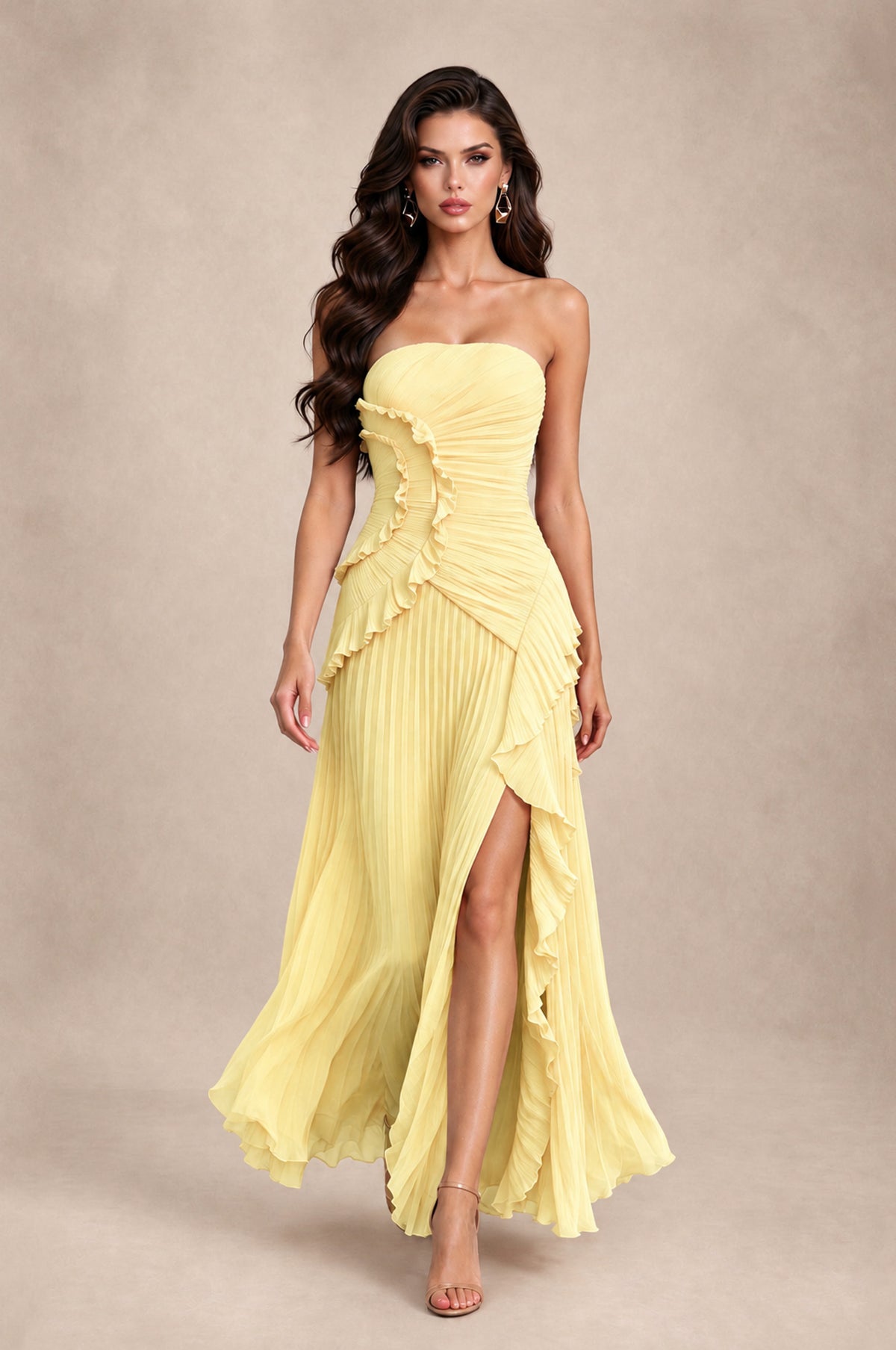 BOLODOO Yellow Strapless Ruffle Pleated Slit Evening Gown - Yellow - Yellow_3