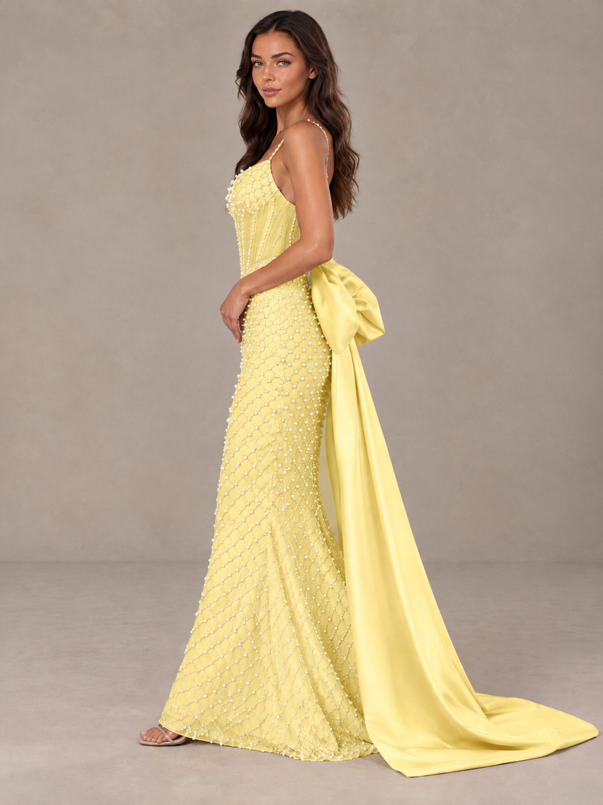 BOLODOO Yellow Beaded Corset Prom Dress with Bow Train - Yellow - Yellow_3
