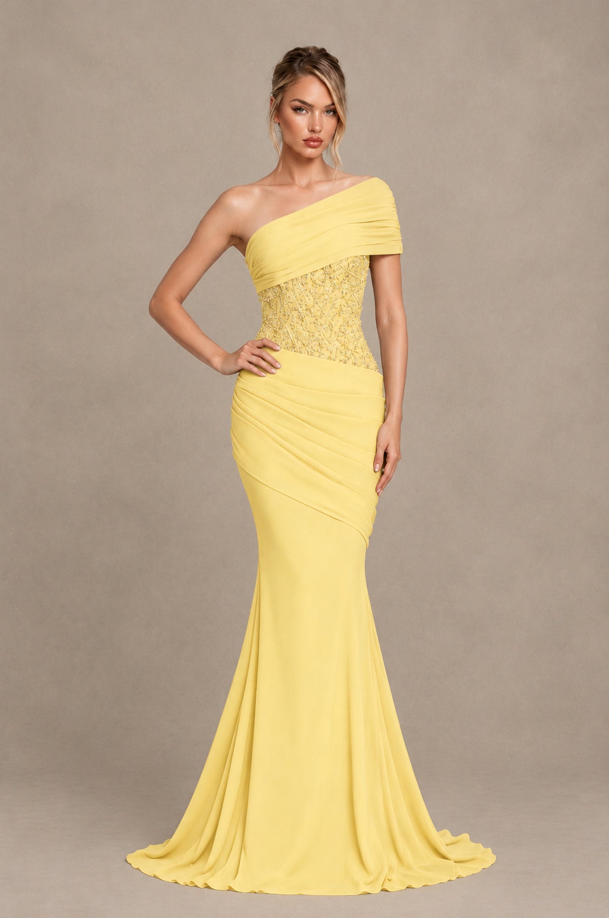 BOLODOO Yellow One-Shoulder Sequin Embroidered Ruched Mermaid Gown with Train - Yellow - Yellow_3
