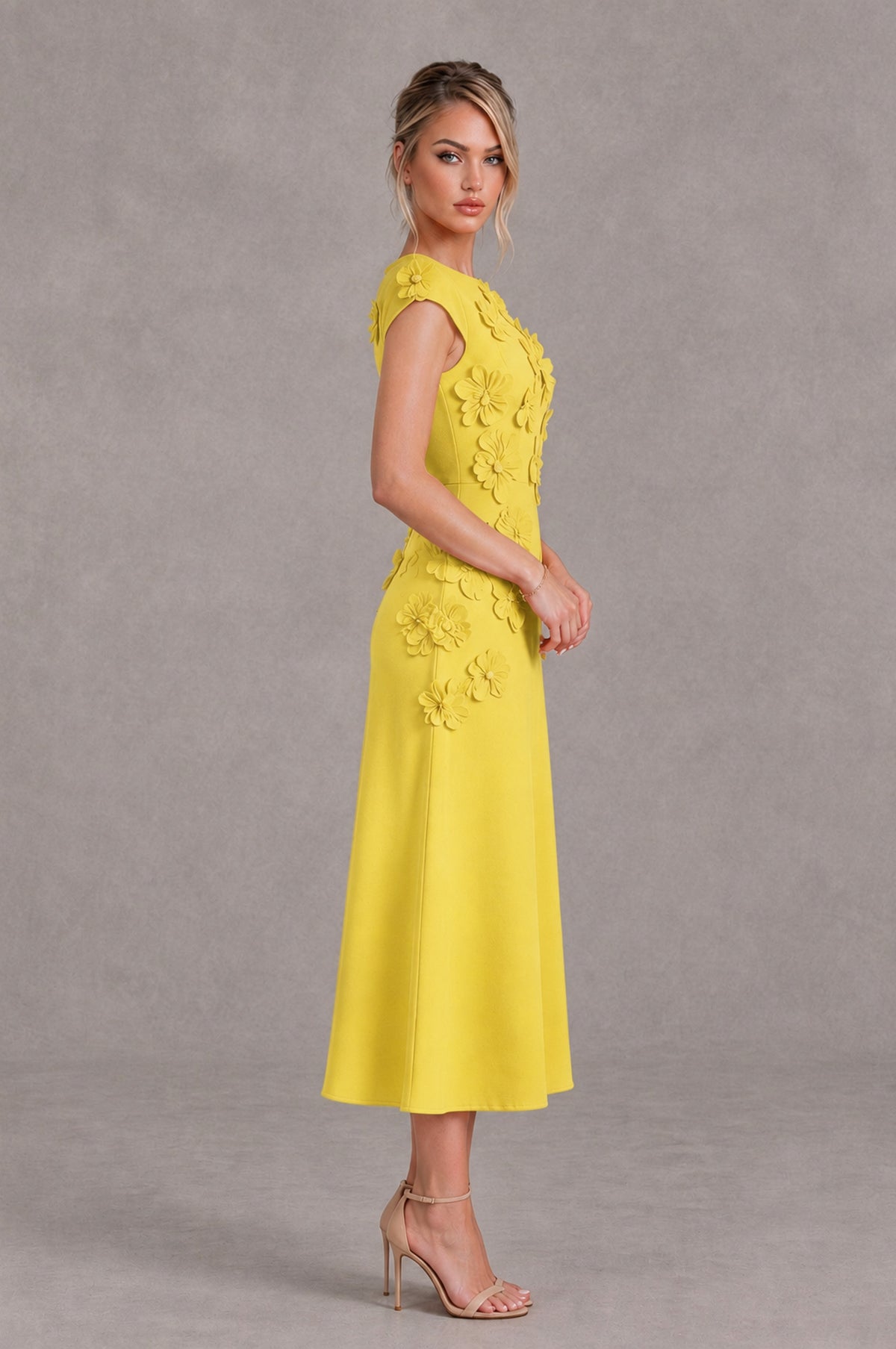 BOLODOO Yellow 3D Floral Cap Sleeve Midi Cocktail Dress - Yellow - Yellow_3