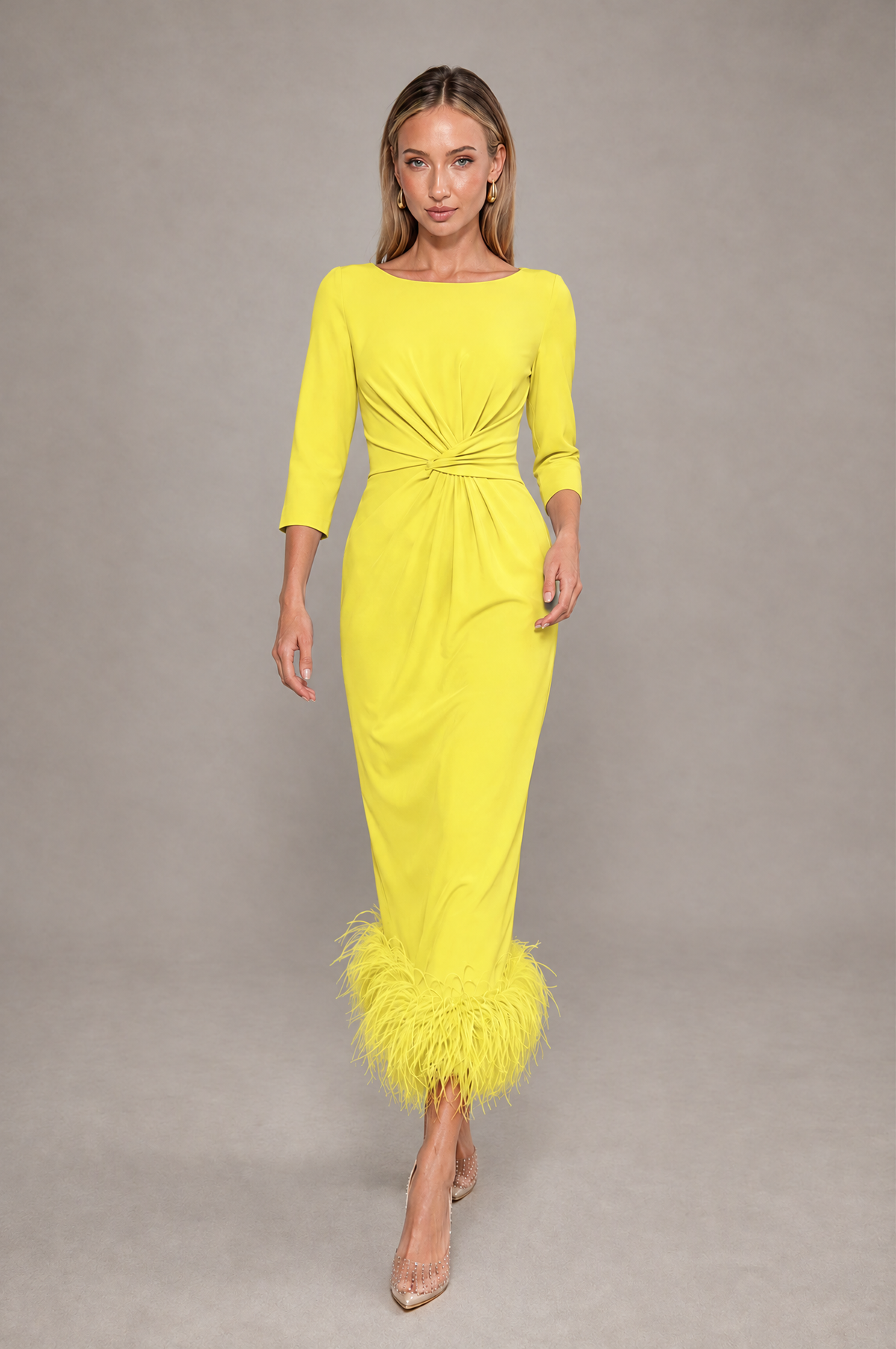 BOLODOO Yellow Feather-Trim Twist-Waist Midi Dress - Yellow - Yellow_3