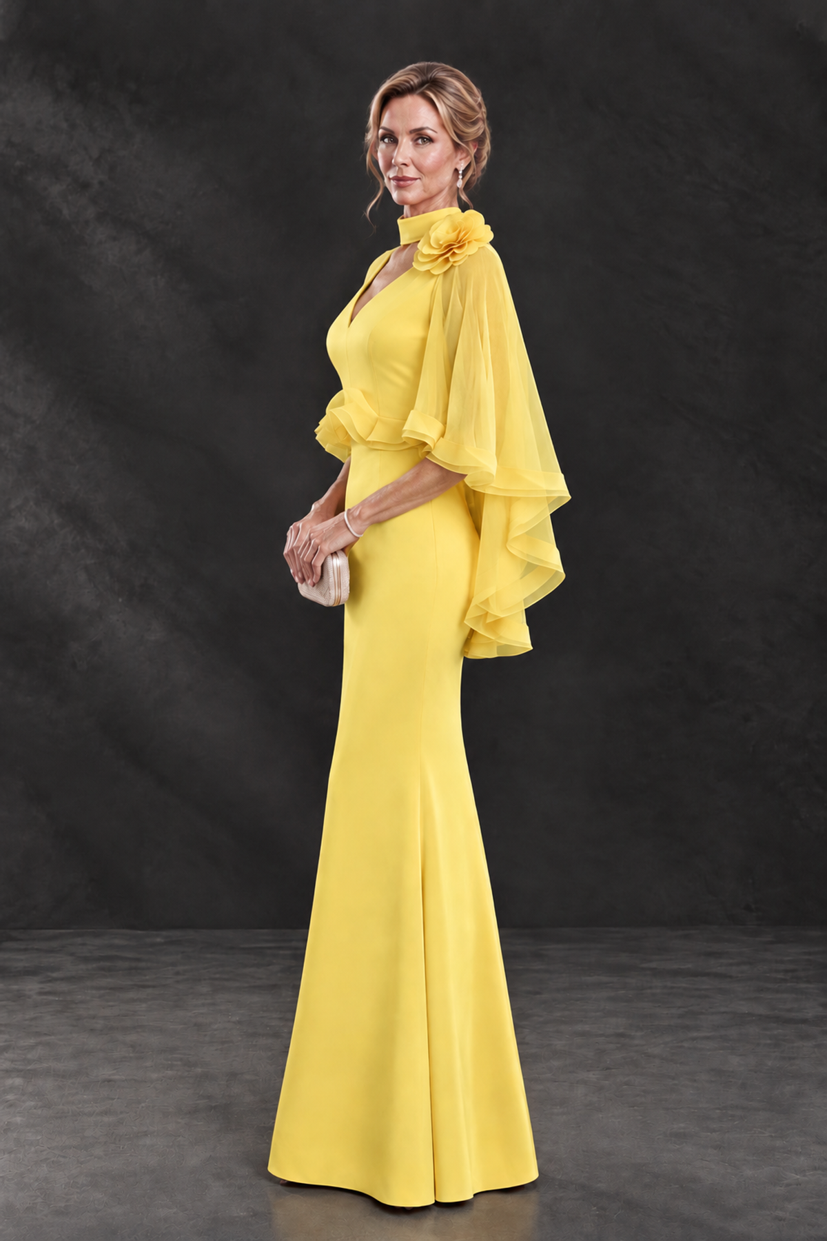 BOLODOO Yellow Floral Cape Sleeve Mother of the Bride Dress - Yellow - Yellow_3