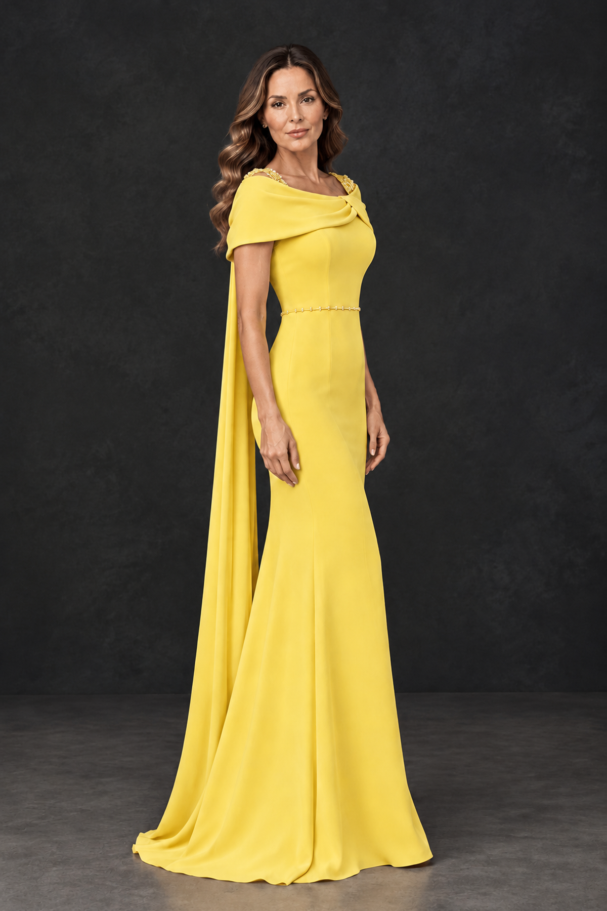 BOLODOO Yellow Mother of the Bride Dress with Draped Cape Detail - Yellow - Yellow_3