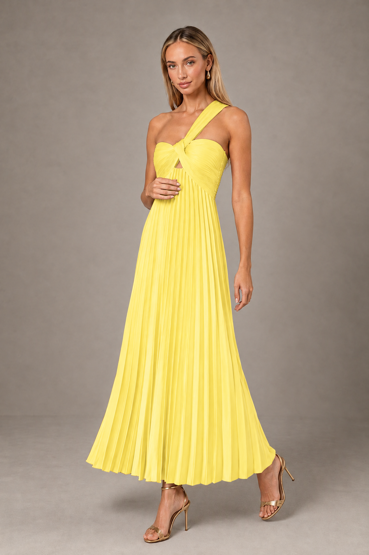 BOLODOO Yellow One-Shoulder Twist Knot Pleated Satin Midi Dress with Cutout - Yellow - Yellow_3