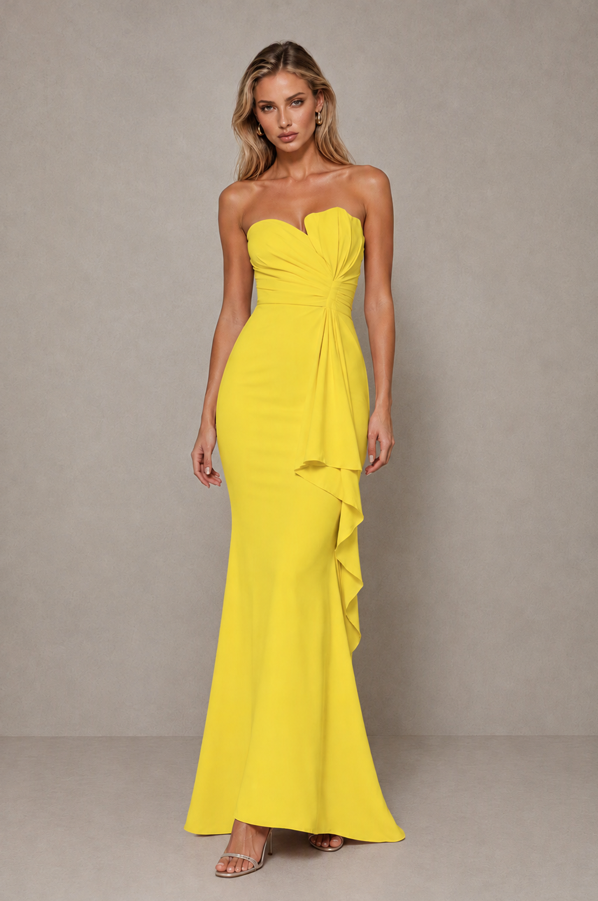 BOLODOO Yellow Strapless Sweetheart Ruched Mermaid Gown | Cascade Drape Formal Evening Dress - Yellow - Yellow_3