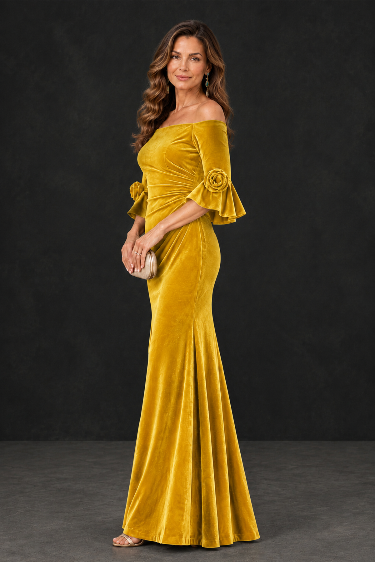 BOLODOO Yellow Velvet Mother of the Bride Dress with Rosette Sleeves - Yellow - Yellow_3