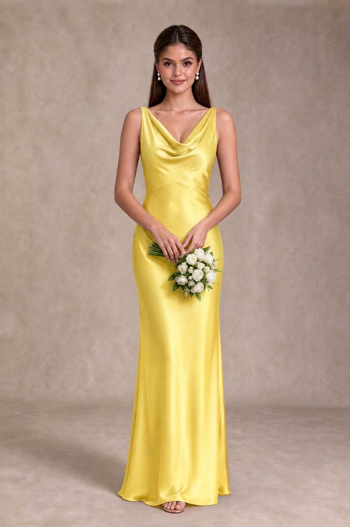 BOLODOO Yellow Cowl Neck Open Back Satin Bridesmaid Dress - Yellow - Yellow_3