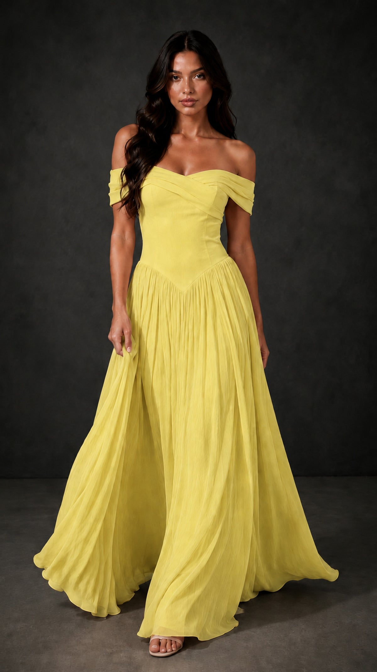 BOLODOO Yellow Off-Shoulder Sweetheart Corset Pleated Chiffon Maxi Dress - Yellow