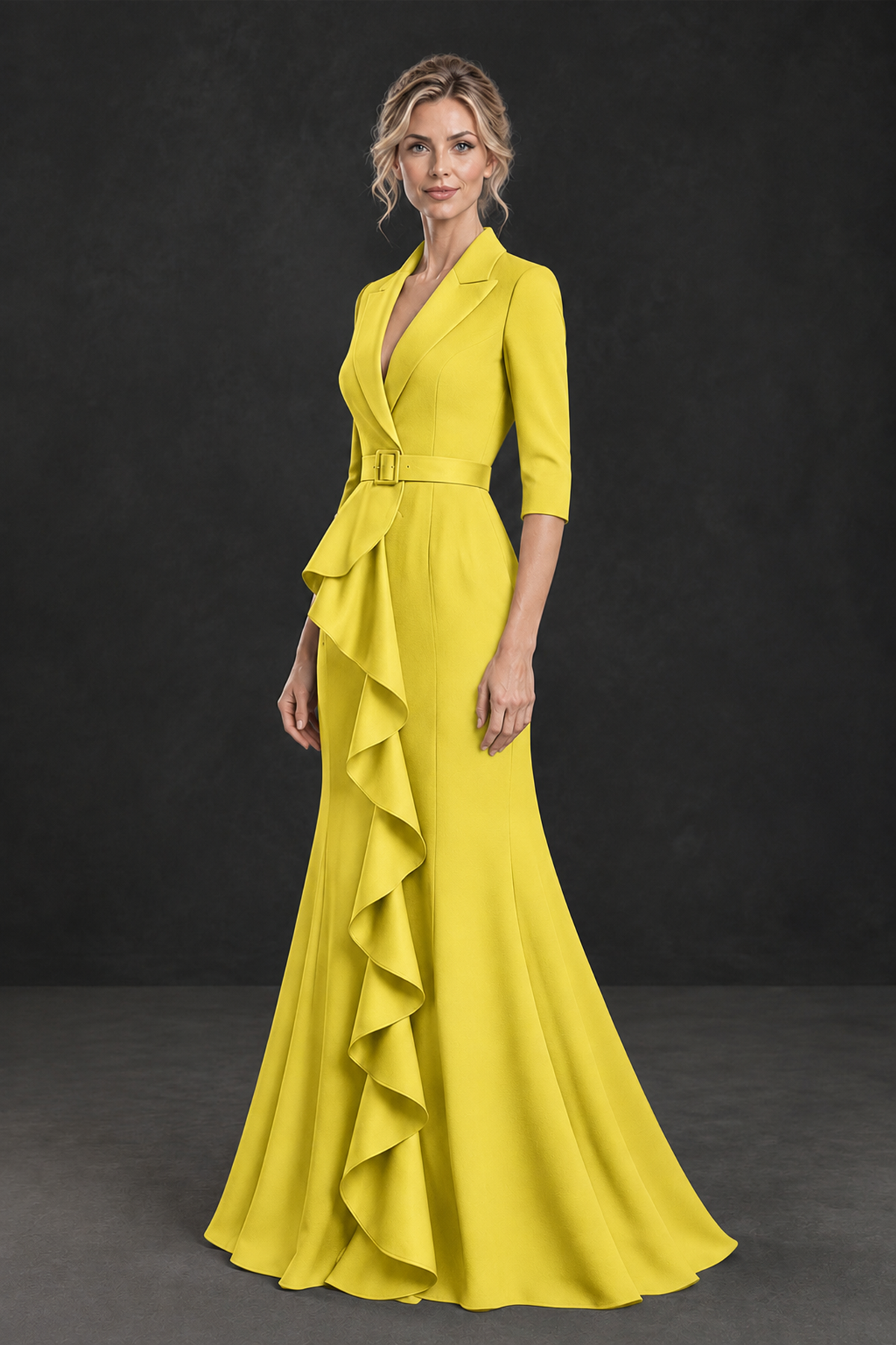 BOLODOO Yellow Lapel Ruffle Mother of the Bride Dress with Belt - Yellow - Yellow_3