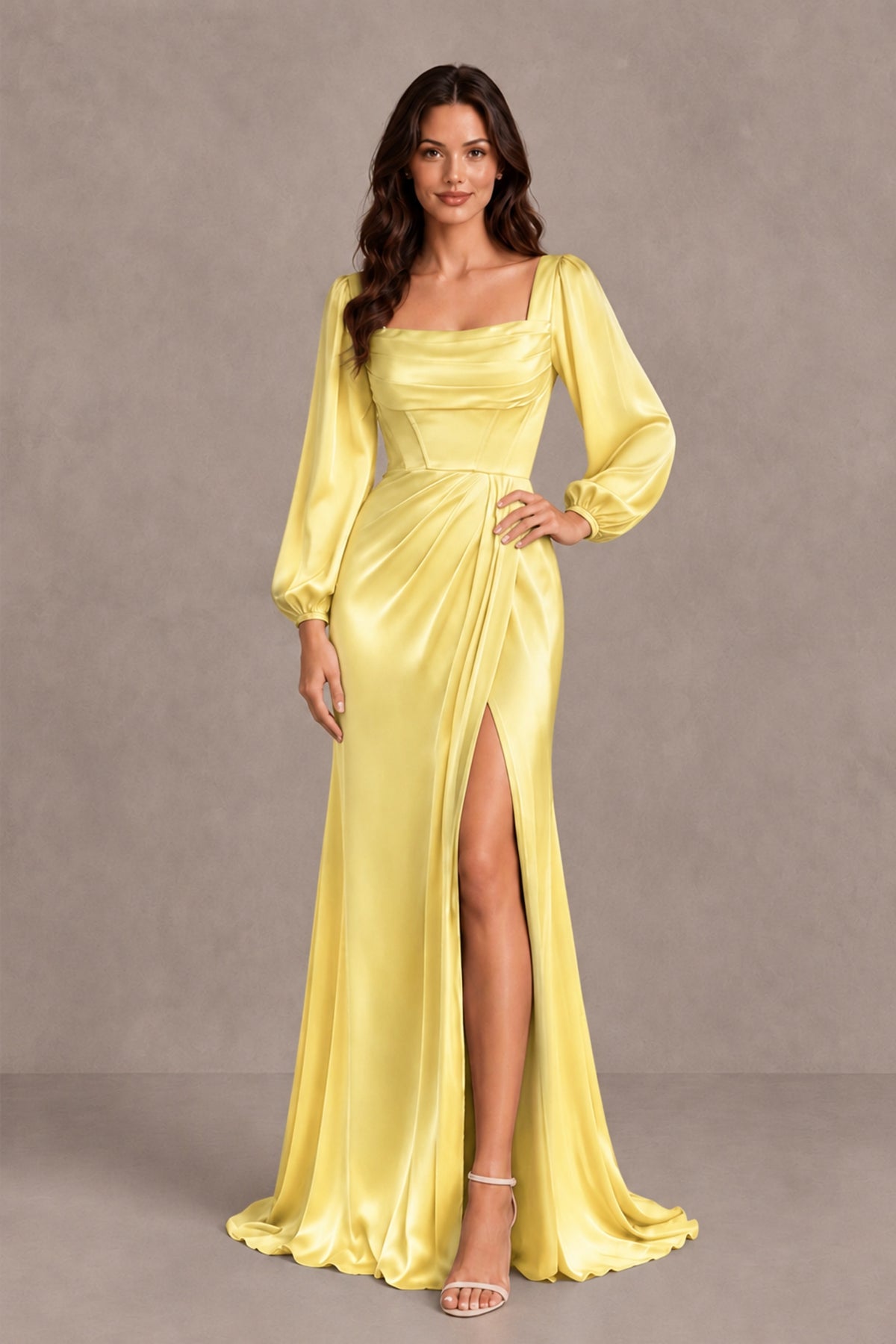BOLODOO Yellow Satin-Look Long Sleeve Evening Dress with High Slit - Yellow - Yellow_3