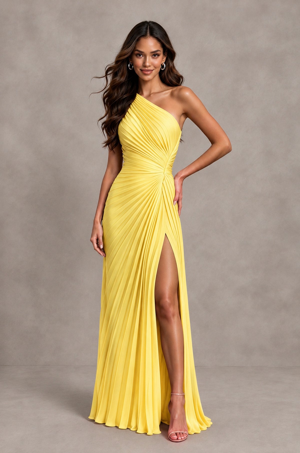 BOLODOO Yellow One Shoulder Pleated Evening Dress with Ruched Waist and High Slit - Yellow - Yellow_3