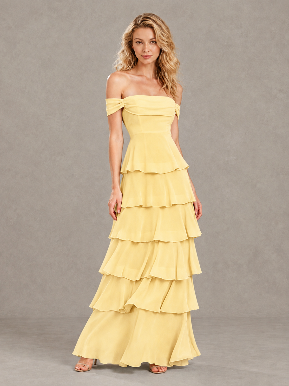 BOLODOO Yellow Off-Shoulder Tiered Ruffle Bridesmaid Dress with Lace-Up Back - Yellow - Yellow_3