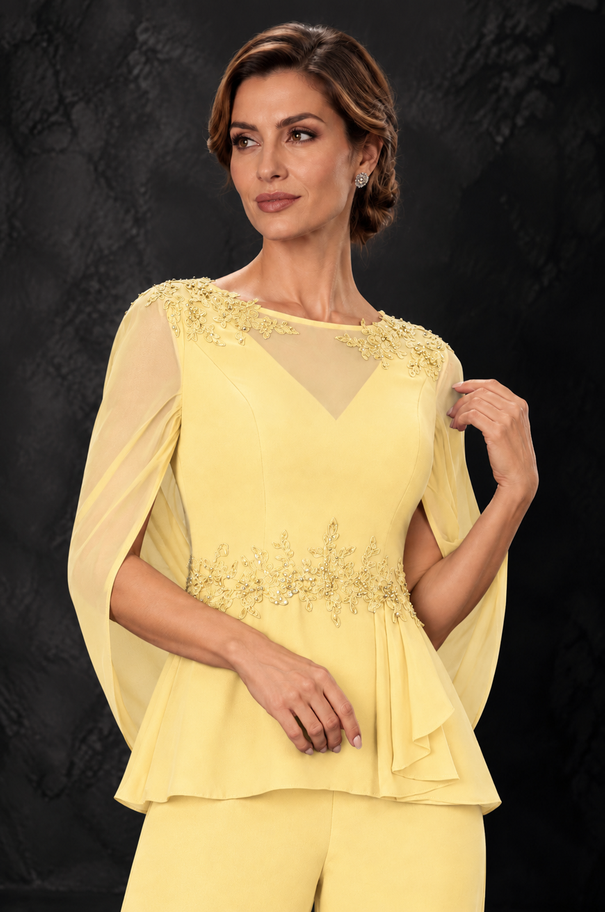 BOLODOO Yellow Embellished Cape Sleeve Mother of the Bride Pantsuit - Yellow - Yellow_3