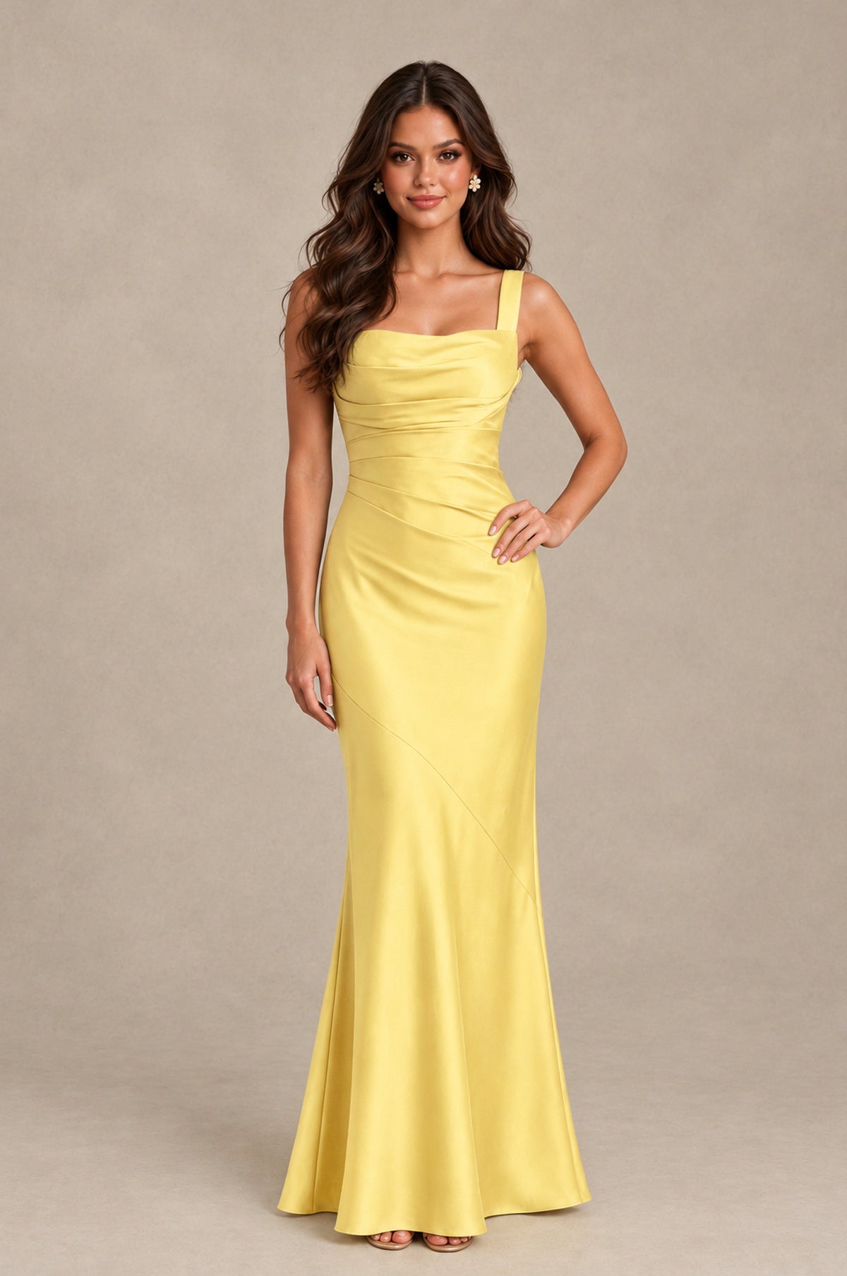 BOLODOO Yellow Square Neck Ruched Satin Lace-Up Bridesmaid Dress - Yellow - Yellow_3