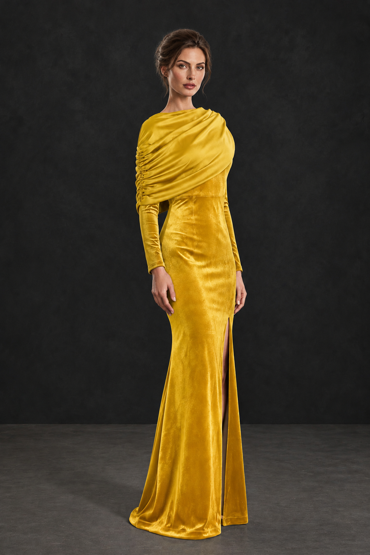 BOLODOO Yellow Velvet Long Sleeve Draped Mother of the Bride Dress - Yellow - Yellow_3