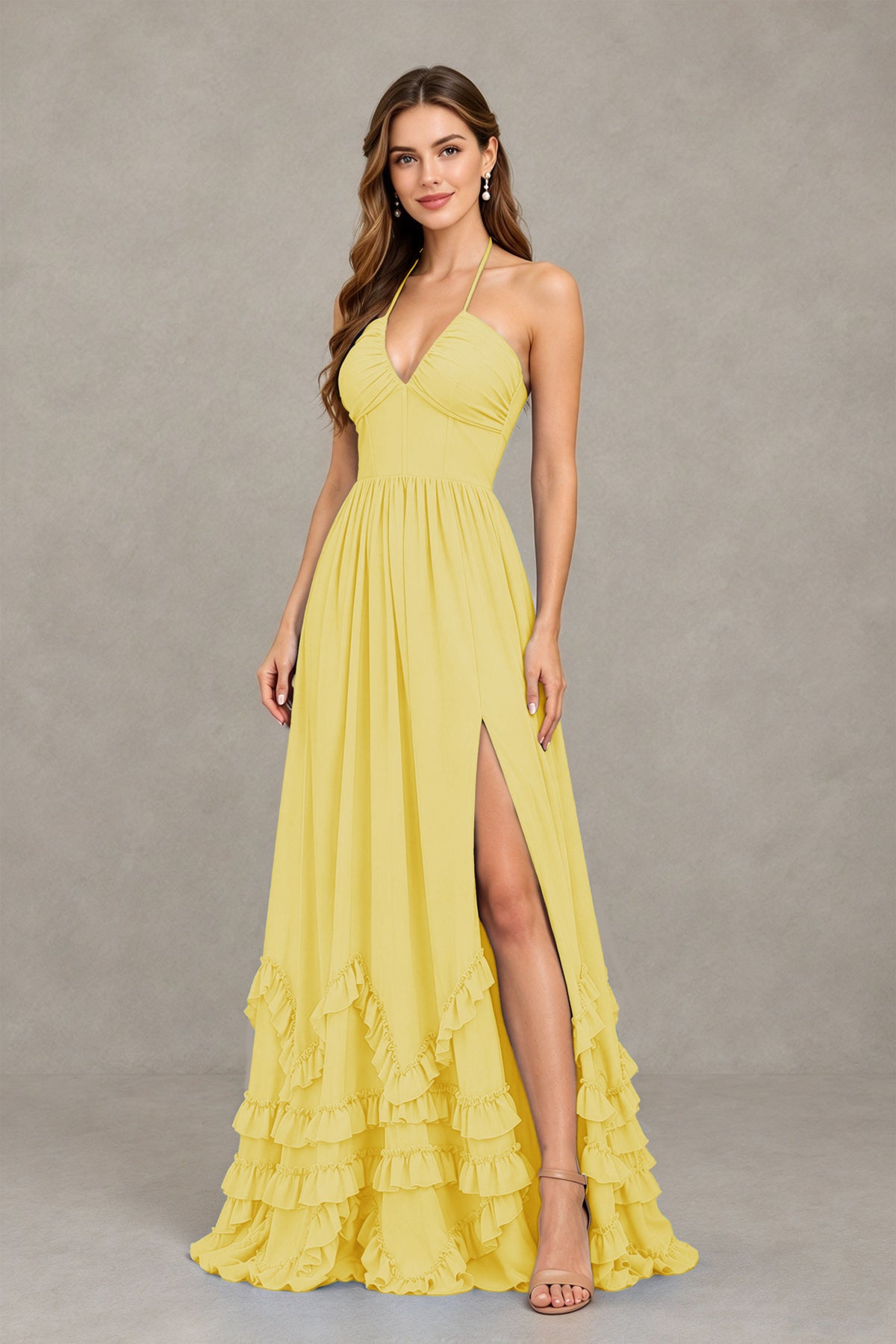 BOLODOO Yellow Halter Ruffle Hem A-Line Bridesmaid Dress with High Slit - Yellow - Yellow(3)