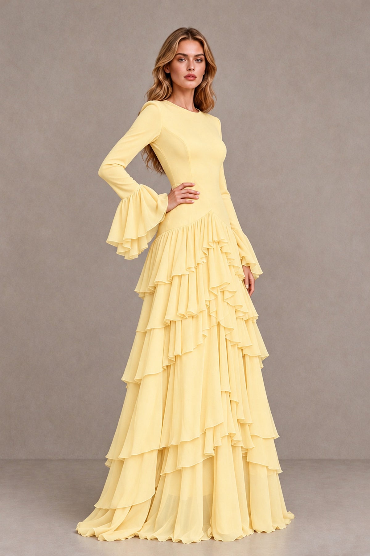Yellow Long Sleeve Tiered Ruffle Evening Gown - Yellow - Yellow_3