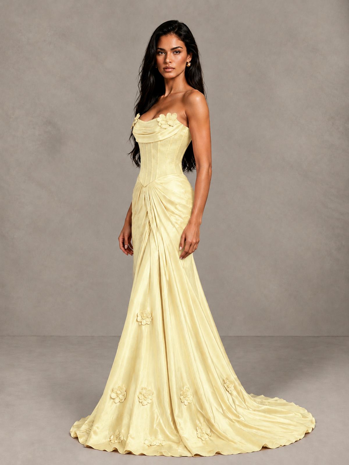 BOLODOO Yellow Strapless Floral Corset Evening Gown with Train - Yellow - Yellow_3