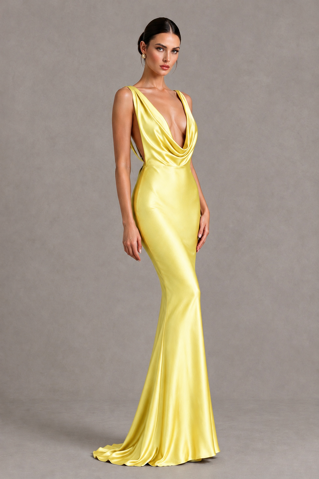 BOLODOO Yellow Cowl Neck Backless Satin Mermaid Evening Dress - Yellow - Yellow_3