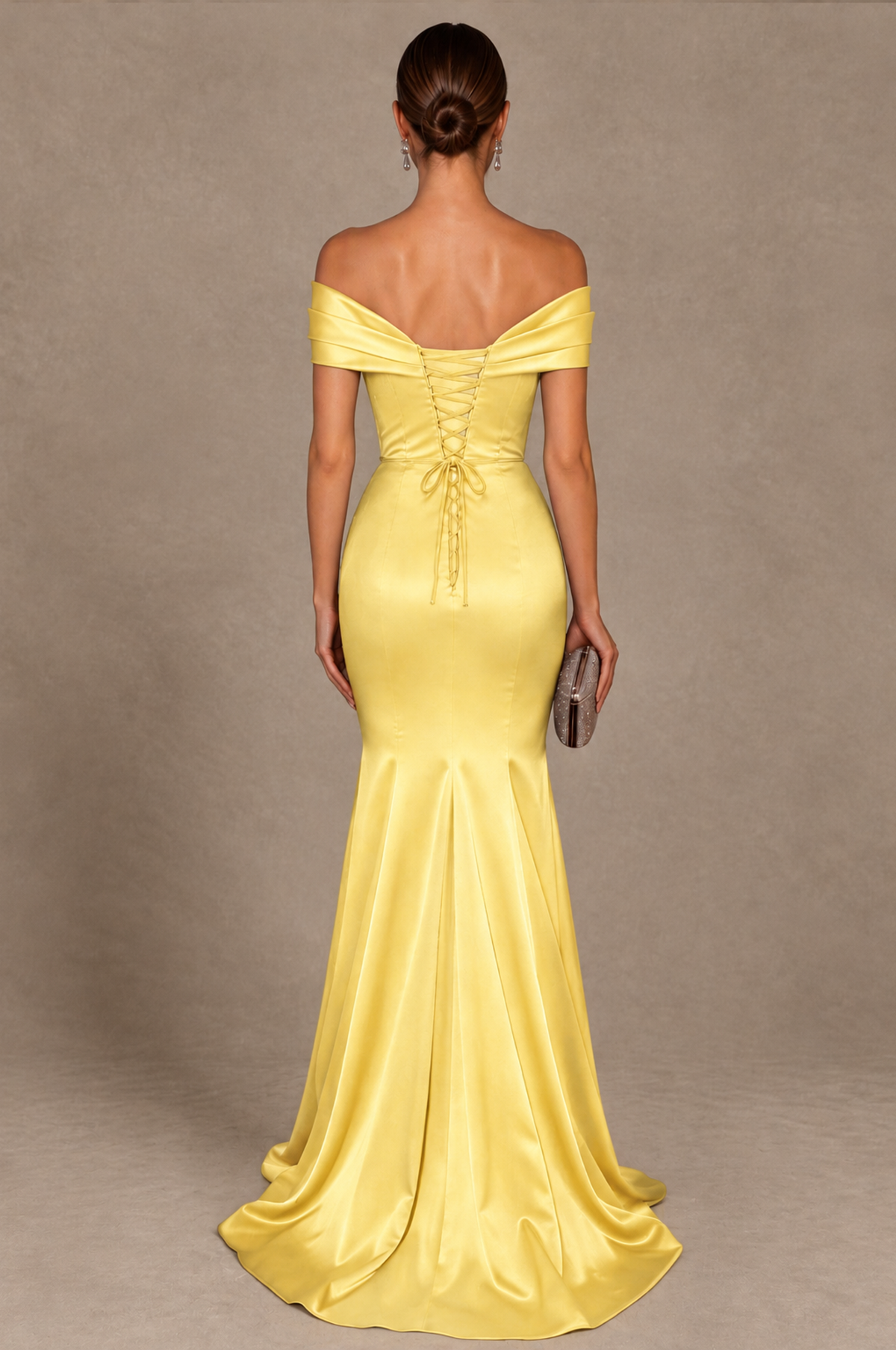 BOLODOO Yellow Off-the-Shoulder Ruched Satin Mermaid Evening Dress - Yellow - Yellow_3