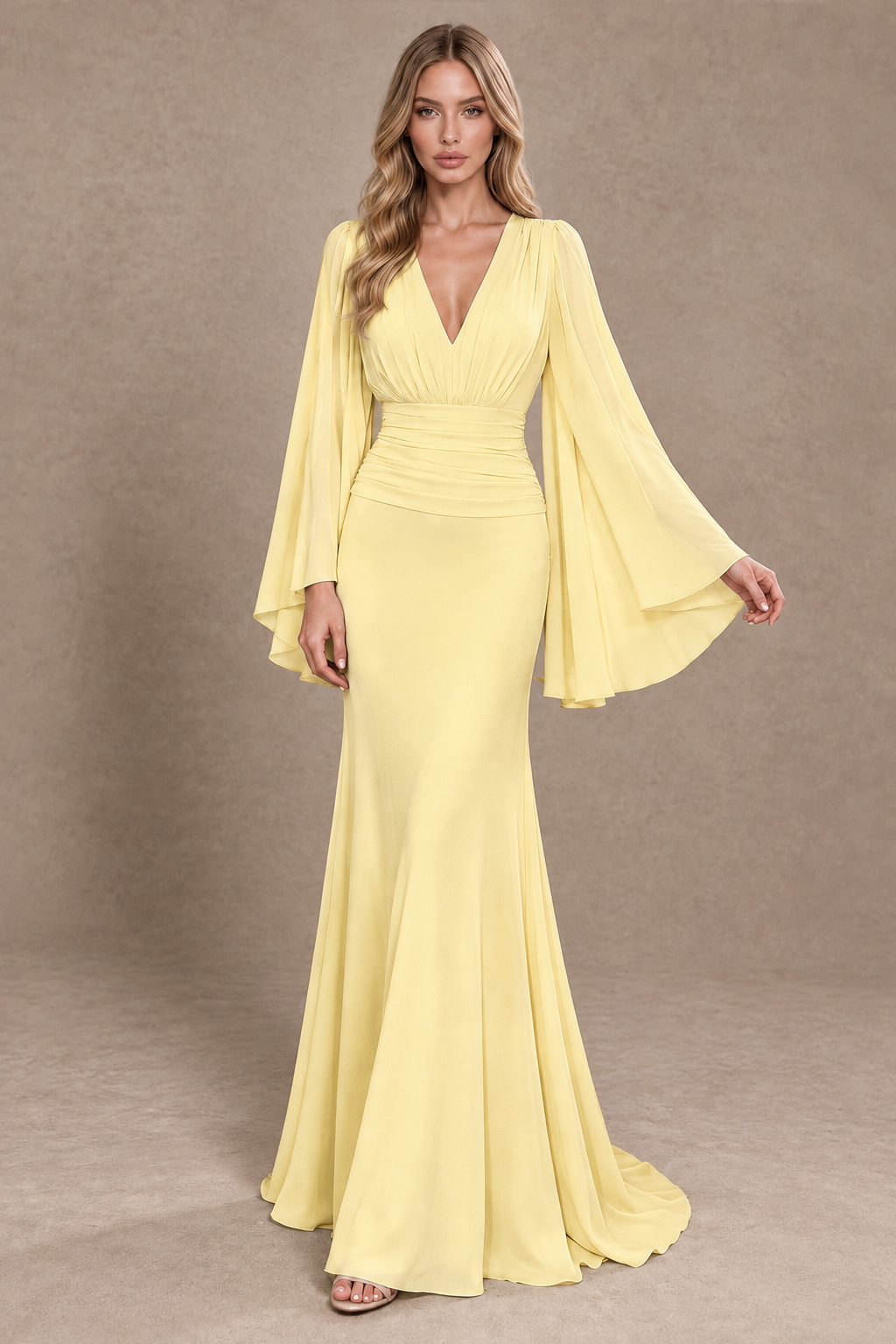 BOLODOO Yellow Cape Sleeve V-Neck Ruched Chiffon Evening Dress - Yellow - Yellow_3