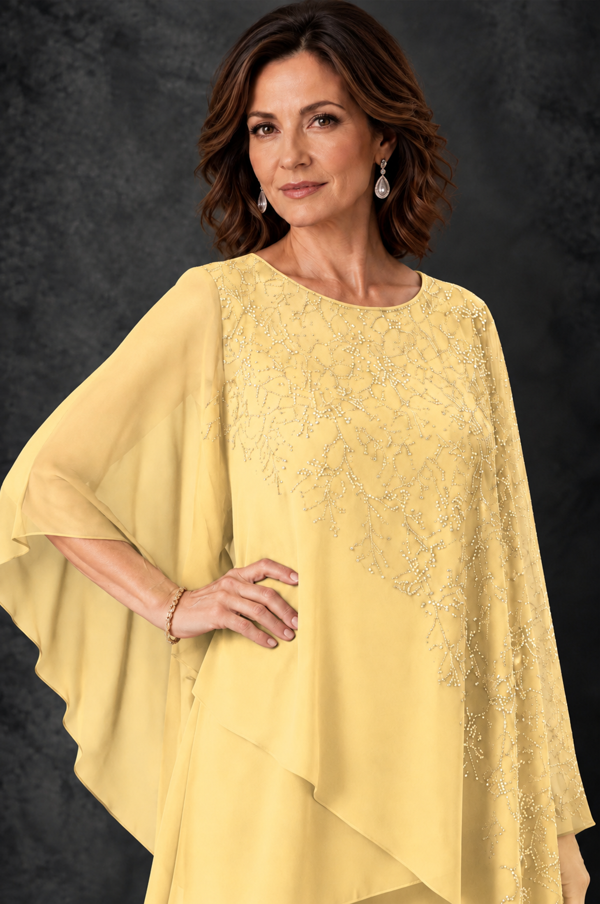 BOLODOO Yellow Embellished Cape Pant Suit for Mother of the Bride - Yellow - Yellow_3