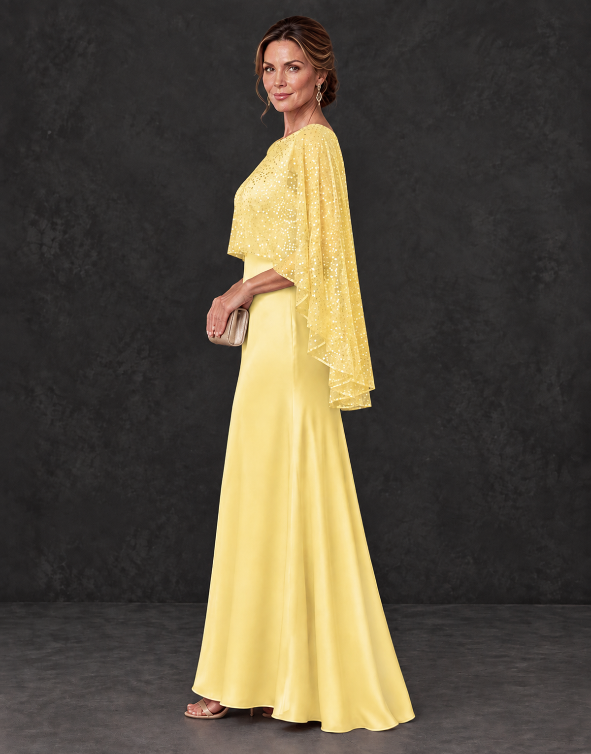 BOLODOO Yellow Sparkle Cape Sleeve Mother of the Bride Dress - Yellow - Yellow_3