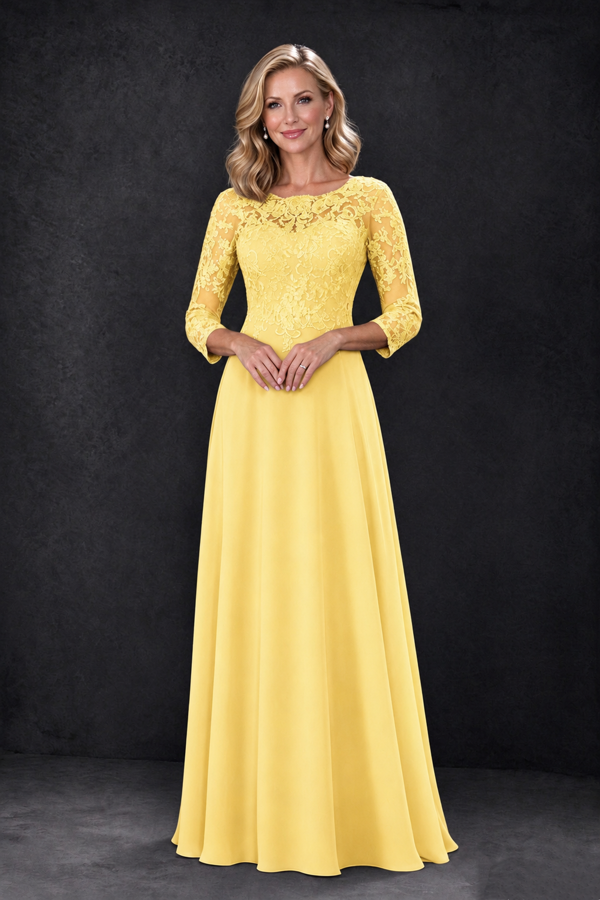 BOLODOO Yellow Lace Embroidered Mother of the Bride Dress with 3/4 Sleeves - Yellow - Yellow_3