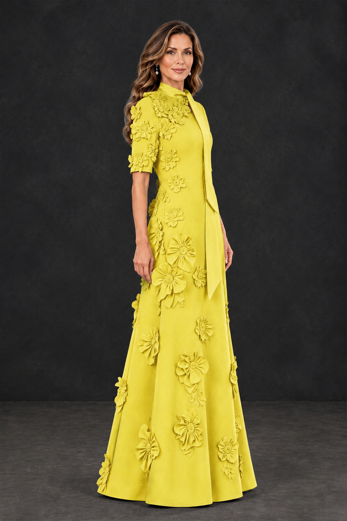 BOLODOO Yellow Floral Applique High-Neck Half-Sleeve Gown - Yellow - Yellow_3
