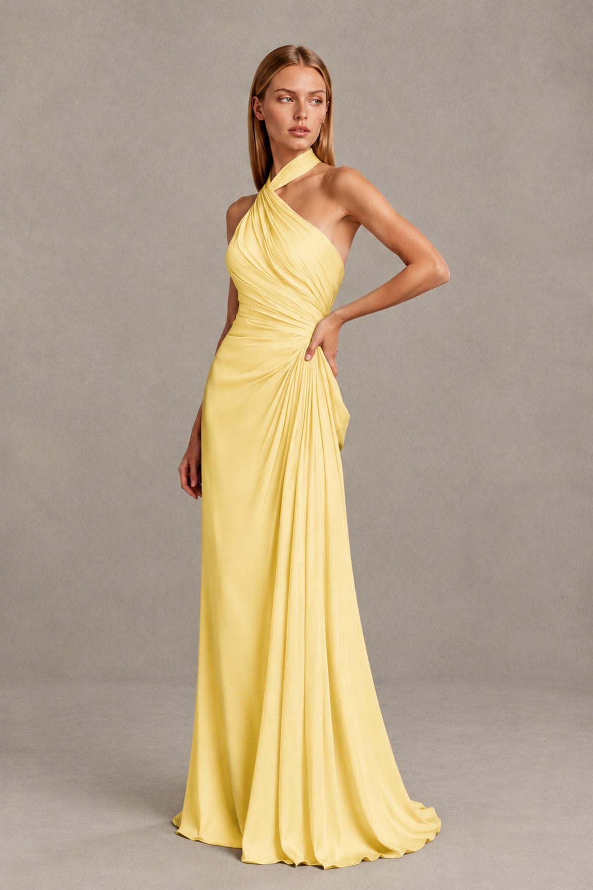 BOLODOO Yellow Twisted Halter Neck Ruched Sleeveless Open Back Floor-Length Gown - Yellow - Yellow_3