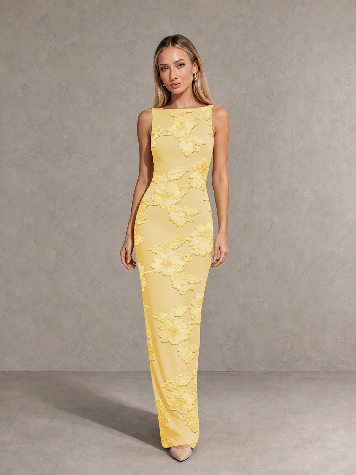 BOLODOO Yellow Floral Sleeveless Maxi Wedding Guest Dress - Yellow - Yellow(3)