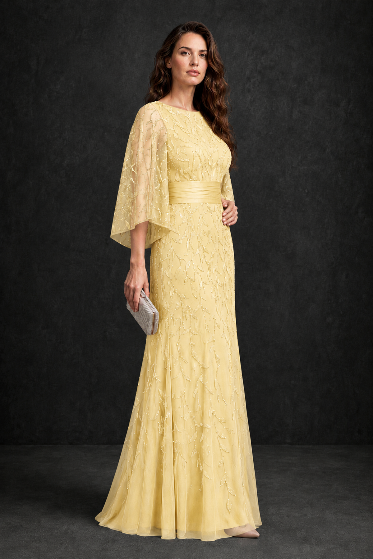 BOLODOO Yellow Bateau Neck Bell Sleeve Sequin Embroidered Satin Waist A-Line Maxi Dress - Yellow - Yellow_3