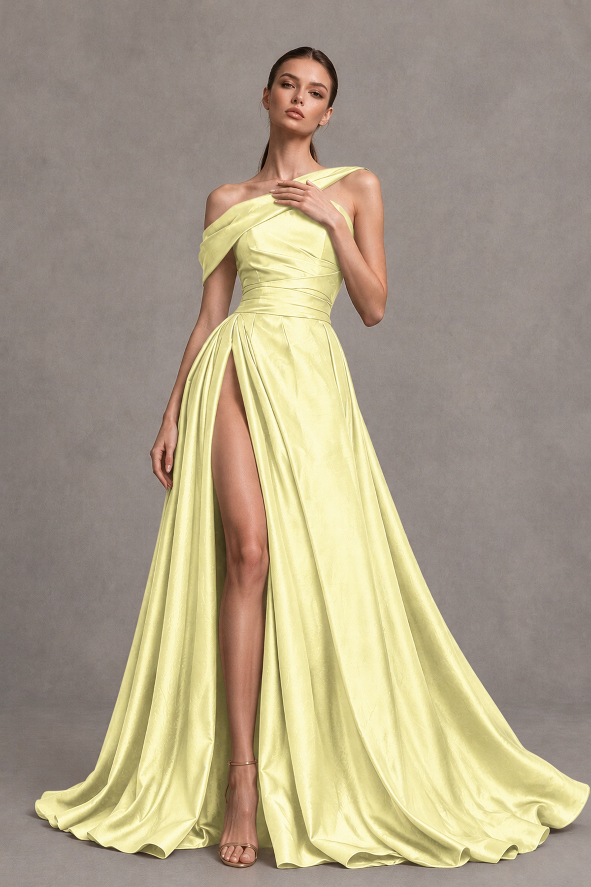 BOLODOO Yellow Asymmetric Satin-Look A-Line Prom Dress with High Slit - Yellow - Yellow_3
