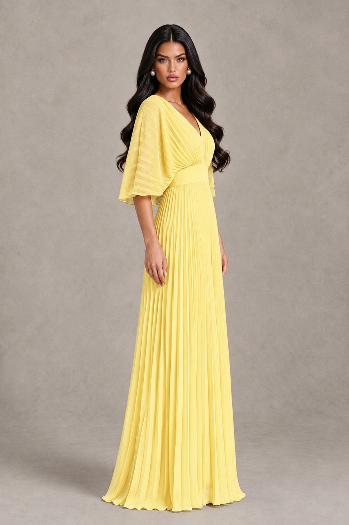 BOLODOO Yellow V-Neck Pleated Flutter Sleeve Formal Dress - Yellow - Yellow_3