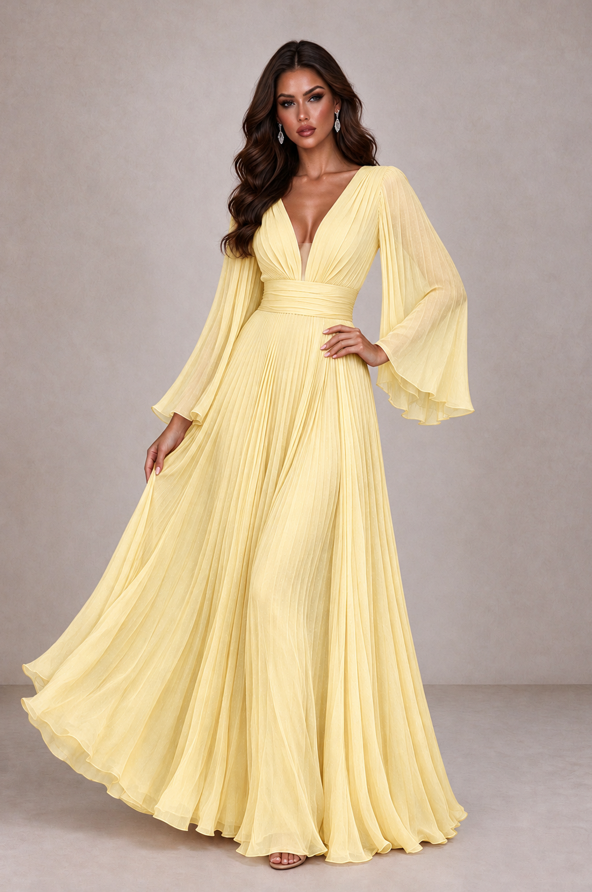 BOLODOO Yellow Pleated Deep V-Neck Long Bell Sleeve Evening Dress - Yellow - Yellow_3