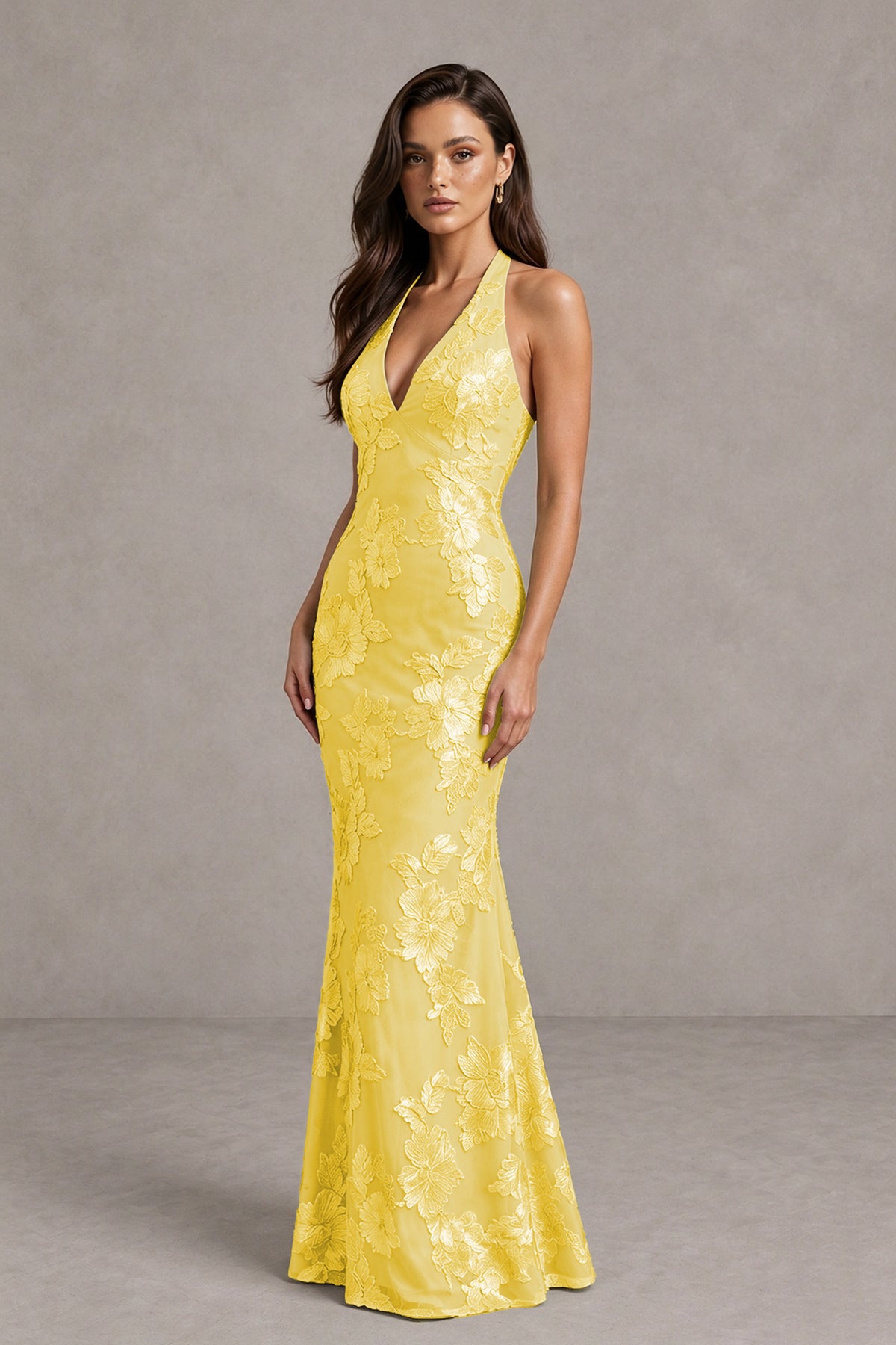 BOLODOO Yellow Floral Jacquard Halter Maxi Dress - Yellow - Yellow(3)