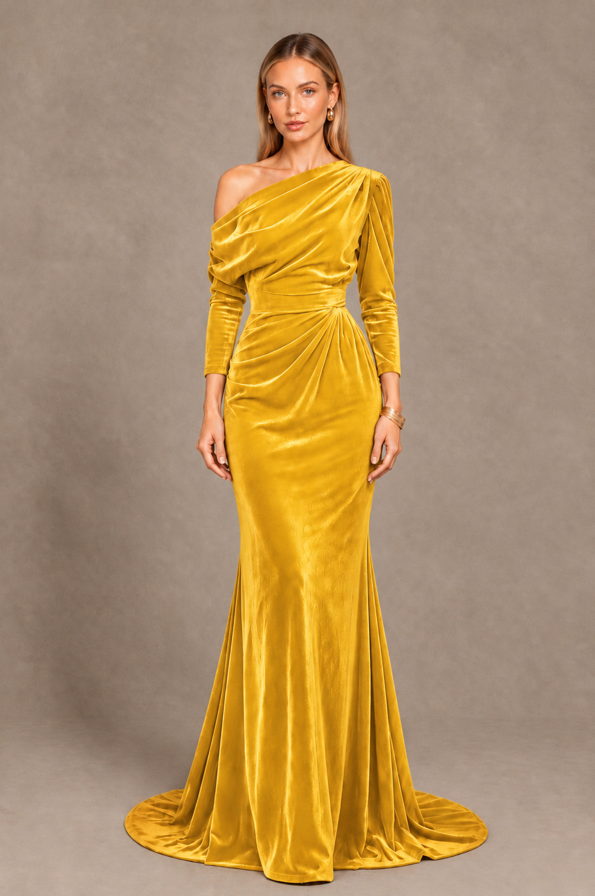 BOLODOO Yellow Velvet Asymmetric Neck Mermaid Evening Dress - Yellow - Yellow_3